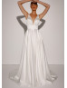 V Neck Ivory Satin Elegant Wedding Dress